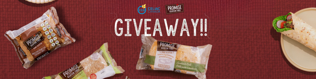 Red bachground with Promise Gluten Free products. Promise Gluten Free and Celiac Canada Logo. Text stating Giveaway.